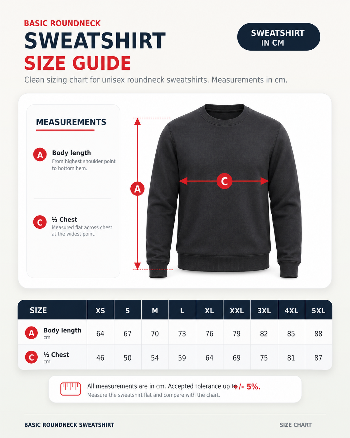 Apaļā kakla džempera izmēru tabula “Skan Latvija” modelim no XS līdz 5XL
