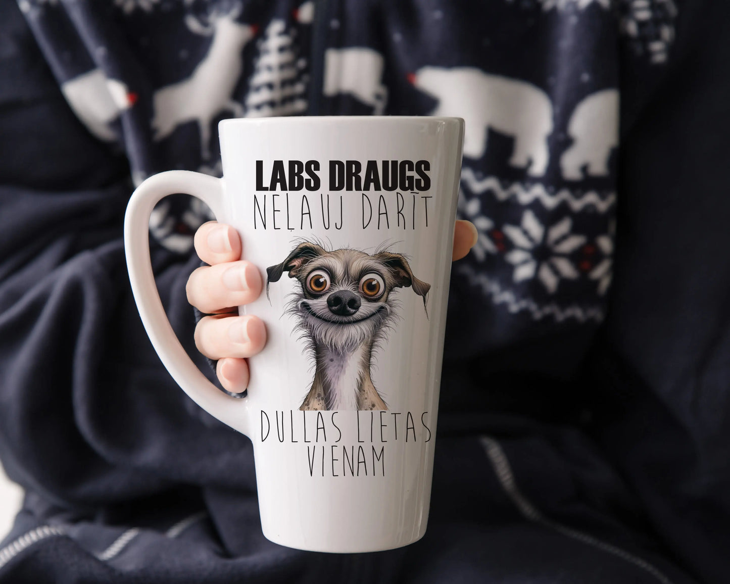 "Labs draugs neļauj darīt dullas lietas vienam (ar suni)" Latte krūze Manadruka.lv