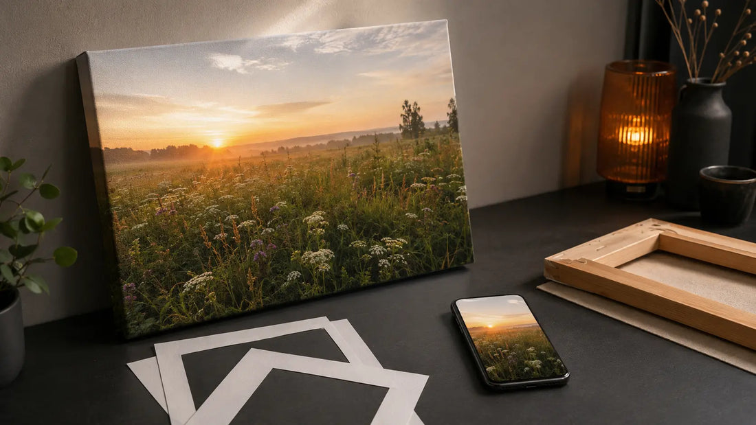 Telefons ar ainavas foto blakus kanvai tumšā studijā ar silti oranžiem gaismas akcentiem