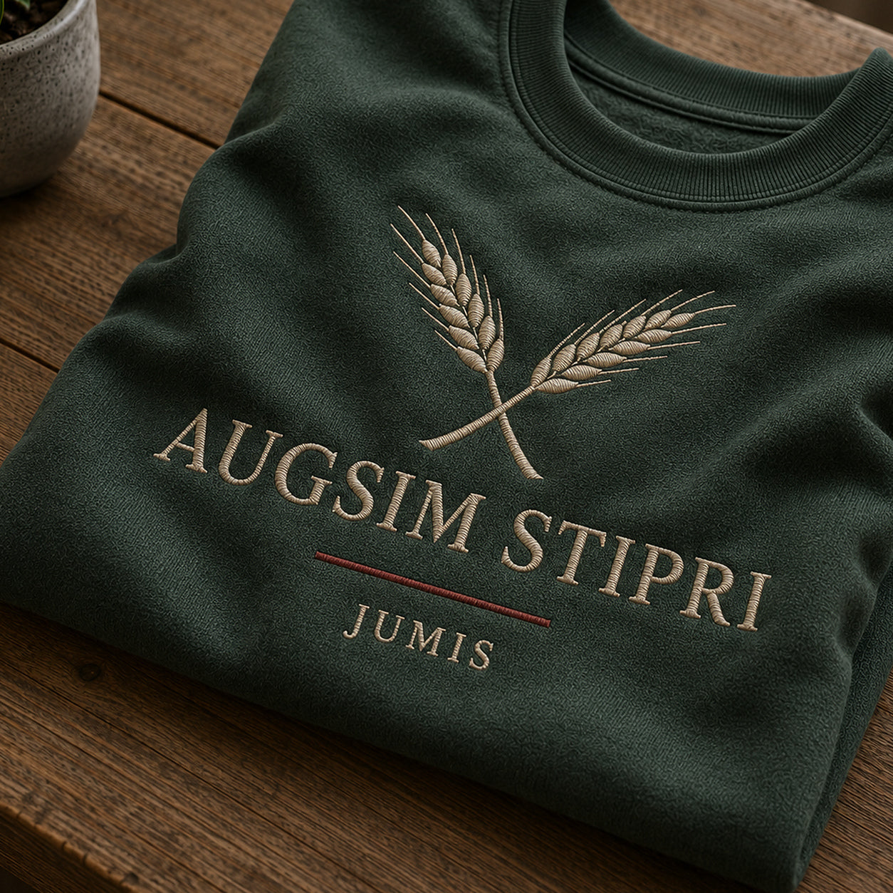 Tuvāks “Augsim stipri” kompozīcijas skats uz meža zaļu salocītu džemperi ar tekstu “Augsim stipri” un apakštekstu “Jumis”