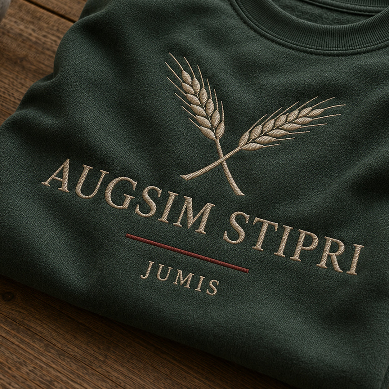 “Augsim stipri” izšuvuma detaļu tuvplāns uz meža zaļa džempera auduma, redzams motīvs: krusteniski sakārtotas labības vārpas