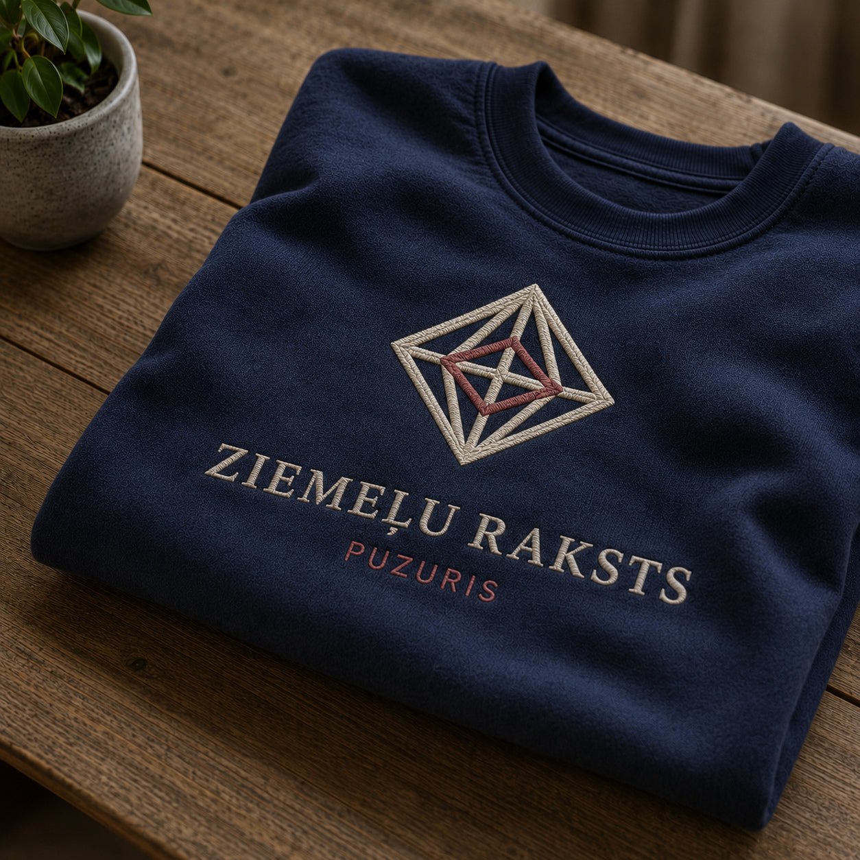 Tumši zils salocīts džemperis ar “Ziemeļu raksts” izšuvumu plašākā plakanā izkārtojuma kopskatā
