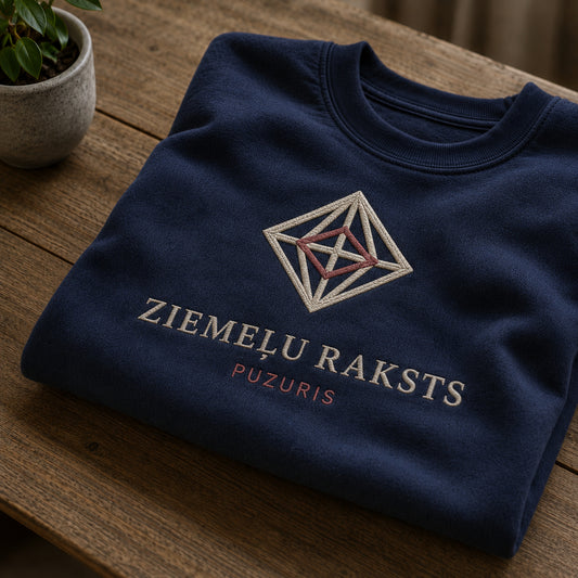 Tumši zils salocīts džemperis ar “Ziemeļu raksts” izšuvumu plašākā plakanā izkārtojuma kopskatā