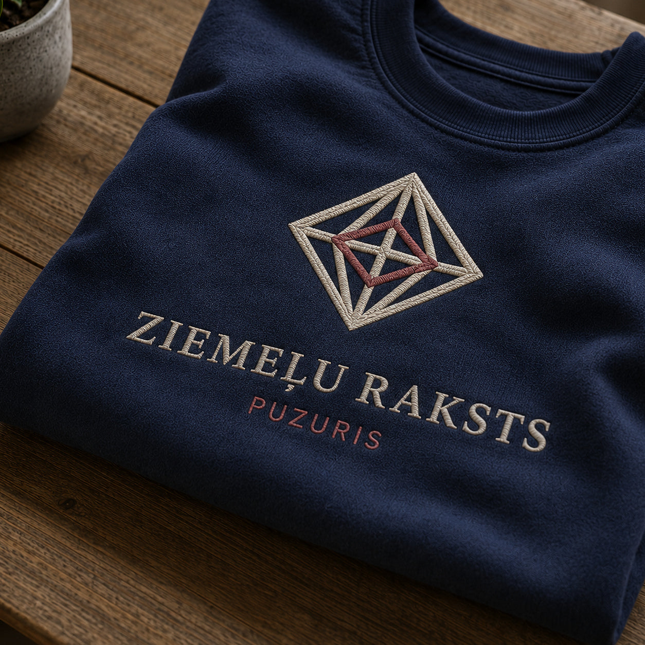 Tuvāks “Ziemeļu raksts” kompozīcijas skats uz tumši zilu salocītu džemperi ar tekstu “Ziemeļu raksts” un apakštekstu “Puzuris”