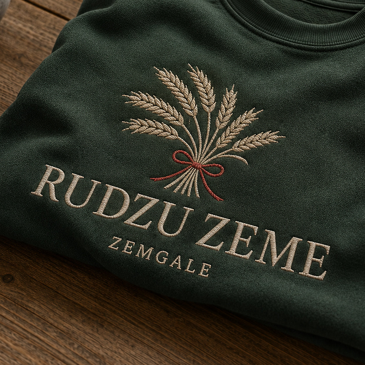 “Rudzu zeme” izšuvuma detaļu tuvplāns uz meža zaļa džempera auduma, redzams motīvs: rudzu vārpu tēls un reģionālais uzraksts Rudzu zeme Zemgale