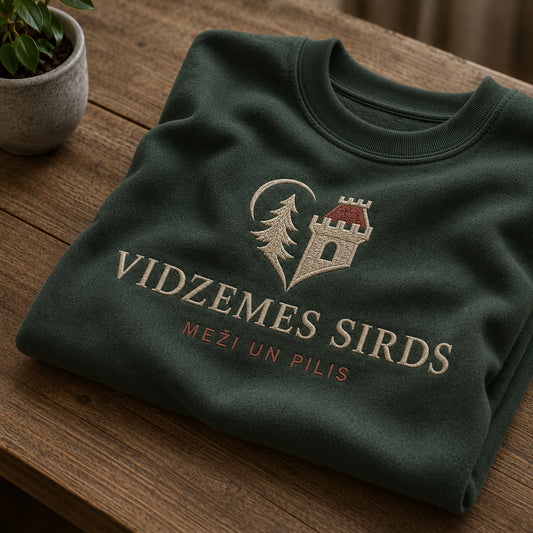 Meža zaļš salocīts džemperis ar “Vidzemes sirds” izšuvumu plašākā plakanā izkārtojuma kopskatā