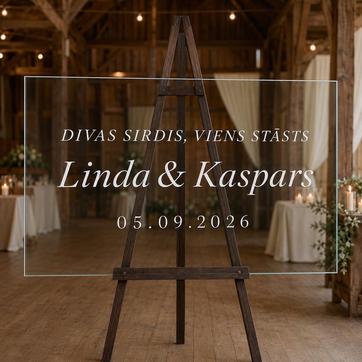 Personalizēta kāzu uzlīme stiklam ar tekstu “Divas sirdis, viens stāsts”