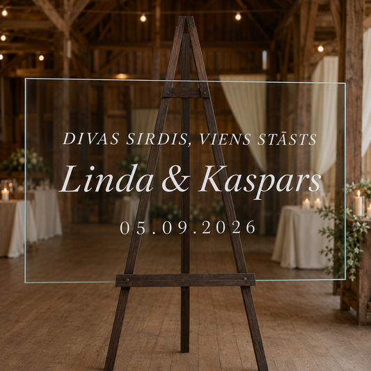 Personalizēta kāzu uzlīme stiklam ar tekstu “Divas sirdis, viens stāsts”