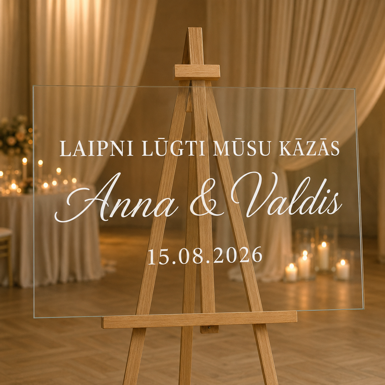Personalizēta kāzu uzlīme stiklam ar tekstu “Laipni lūgti mūsu kāzās”
