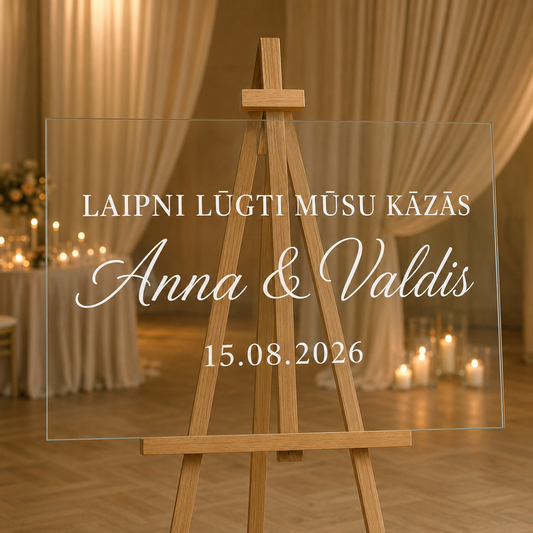 Personalizēta kāzu uzlīme stiklam ar tekstu “Laipni lūgti mūsu kāzās”