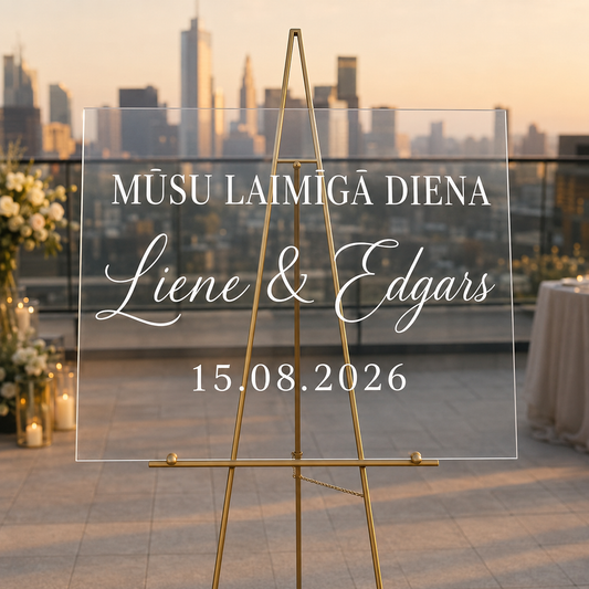 Personalizēta kāzu uzlīme stiklam ar tekstu “Mūsu laimīgā diena”