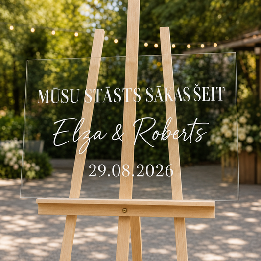 Personalizēta kāzu uzlīme stiklam ar tekstu “Mūsu stāsts sākas šeit”