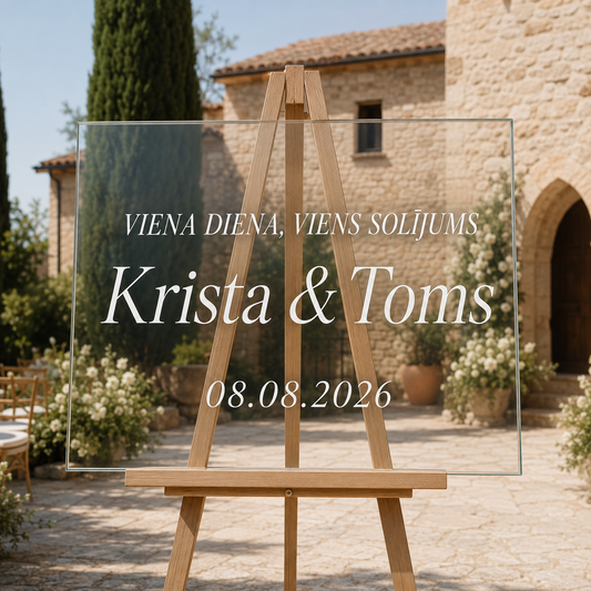 Personalizēta kāzu uzlīme stiklam ar tekstu “Viena diena, viens solījums”