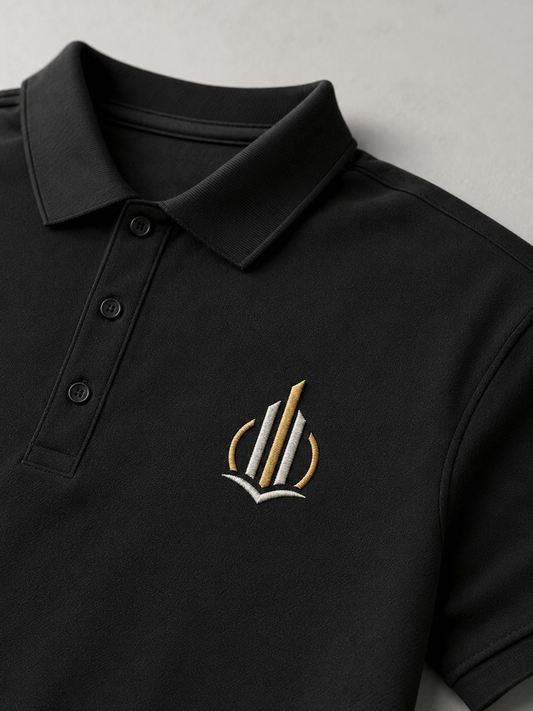 Neliela logo izšūšana uz melna polo krekla, uzņēmuma apģērba personalizācija